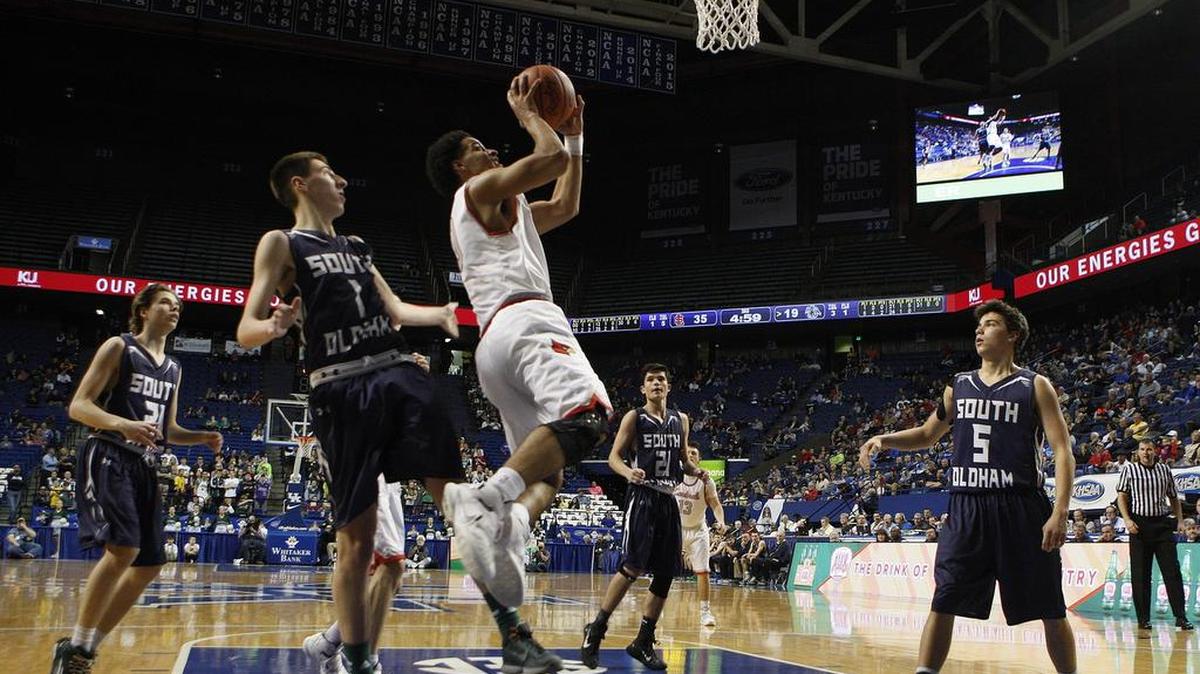 South Laurel's Andrew Griffith shoots against South Oldham in the quarterfinals of the Whitaker Bank/KHSAA Sweet 16 boys' state basketball championship in Lexington, Ky., Friday, March 18, 2016.