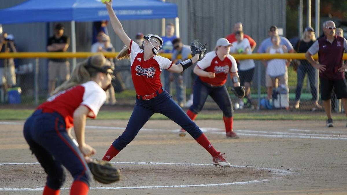 Lafayette pitcher Carlee Jeter throws against Tates Creek during the 43rd district softball championship at LCA softball field in Lexington, Ky., Friday, May 26, 2017.