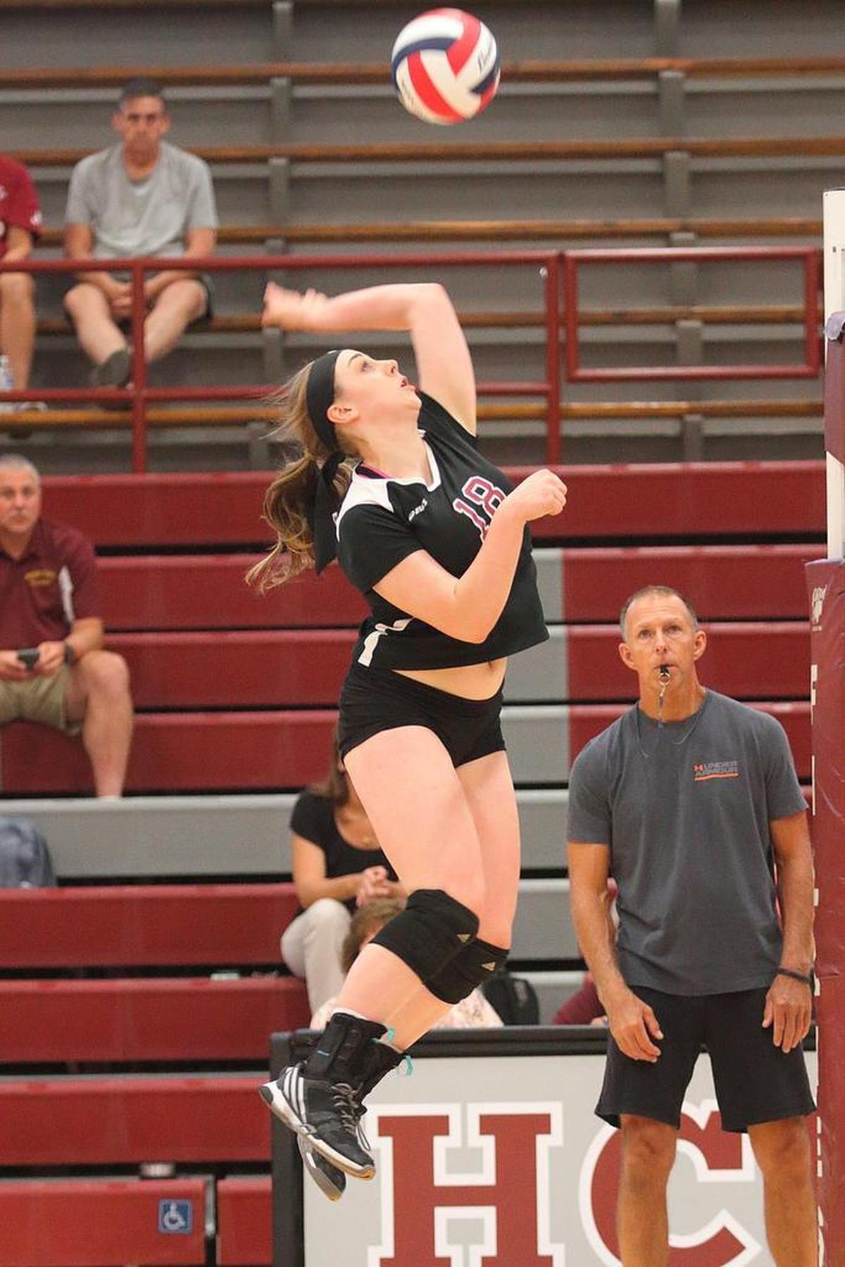 Harrison County sophomore Katie Stonich rose to hit the ball during a high school volleyball match. The Fillies are undefeated heading into a match with Scott High School scheduled for Thursday, Oct. 12, 2017.