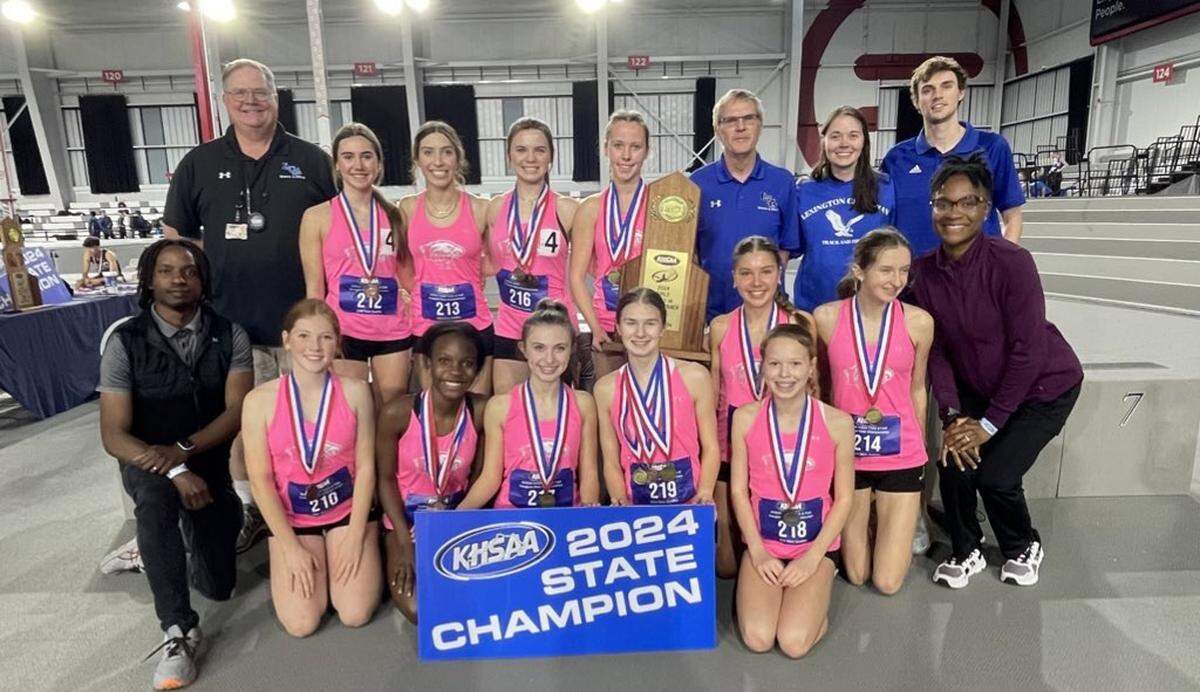 Lexington Christian’s girls track team, led by Coach Tom Stickel, back row, third from right, took first place in the Class A team standings at the inaugural KHSAA Indoor Track & Field State Championships held at Norton Healthcare Sports & Learning Center in Louisville on Sunday.