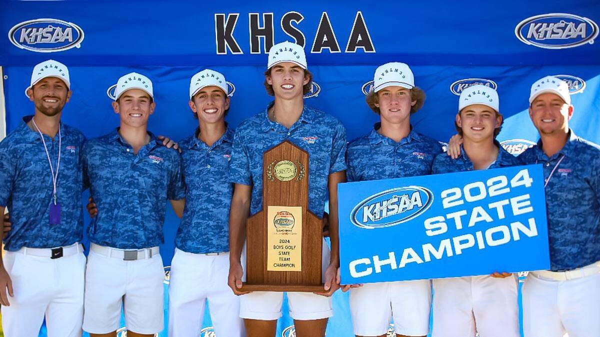 The Madison Central boys golf team, from left, assistant coach Adam Herald, Seth Barker, Tucker Jones, Jake Feldhaus, Radney Bales, Reece Keeton and head coach Kyle Congleton, claimed its third straight team title.