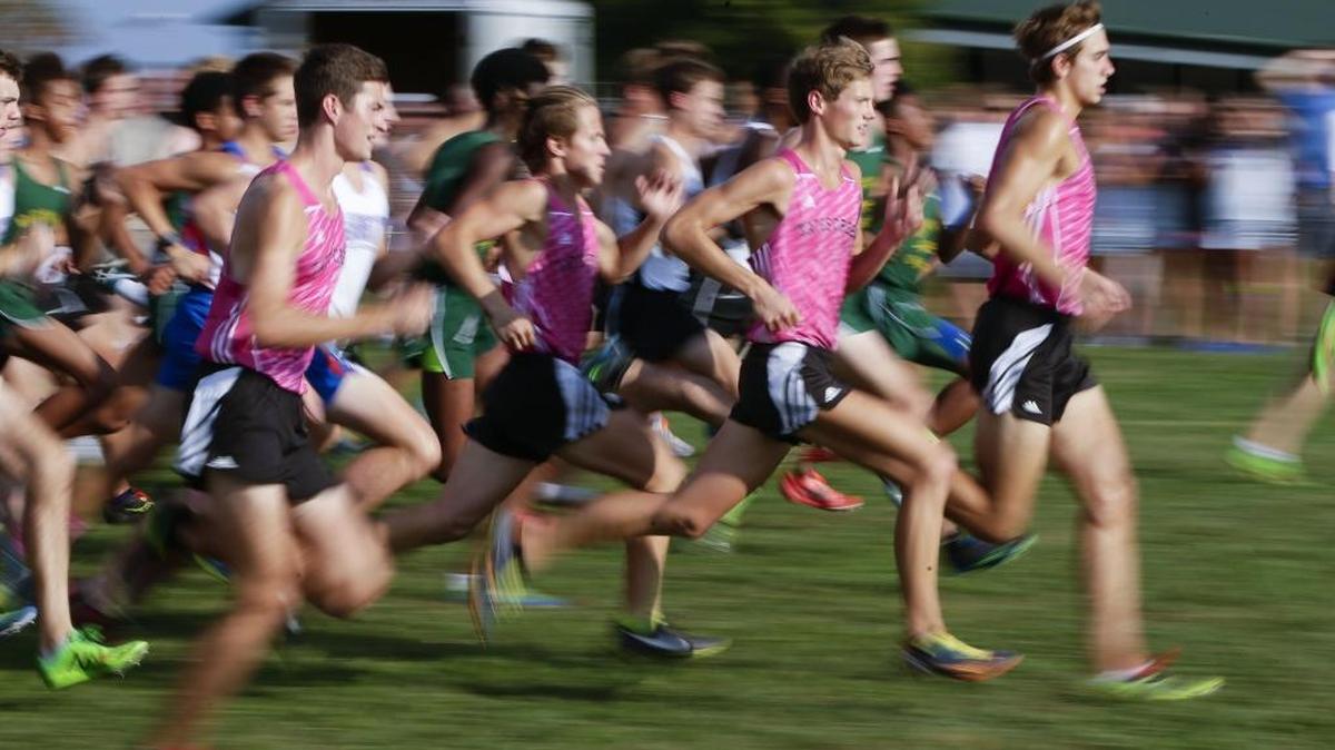 Tates Creek’s Alex Mortimer, second from right, won the boys’ city championship during the City Cross country meet at Masterson Station park on Tuesday October 4, 2016 in Lexington.