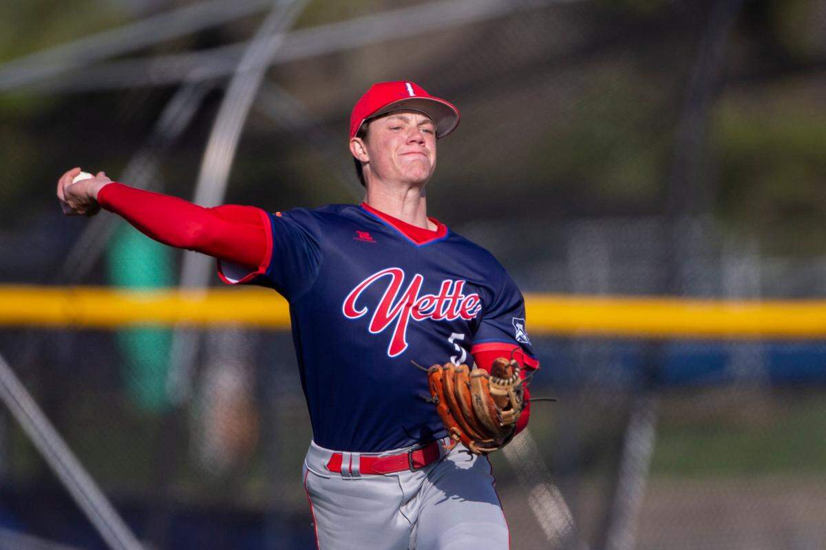 Lafayette’s Ben Prather (5) throws the ball to first base for an out against Lexington Christian on April 21, 2021. He batted .382 with 35 RBI last season.