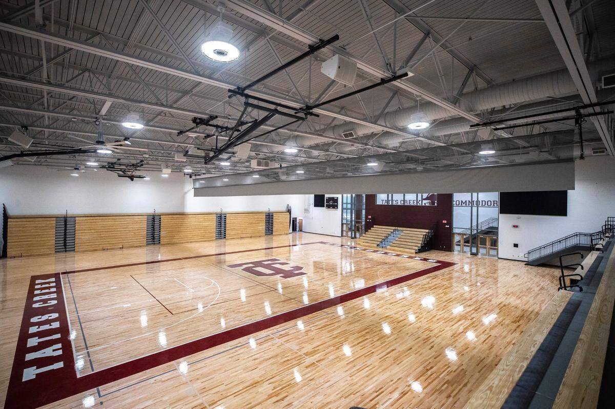 Tates Creek’s new $84.5 million high school carried over the name of its former gym from the old school. The new Nolan Barger Gymnasium has two decks on one sideline, one deck on the other and two small end zone sections for fans. The volleyball team moved in on Aug. 8.