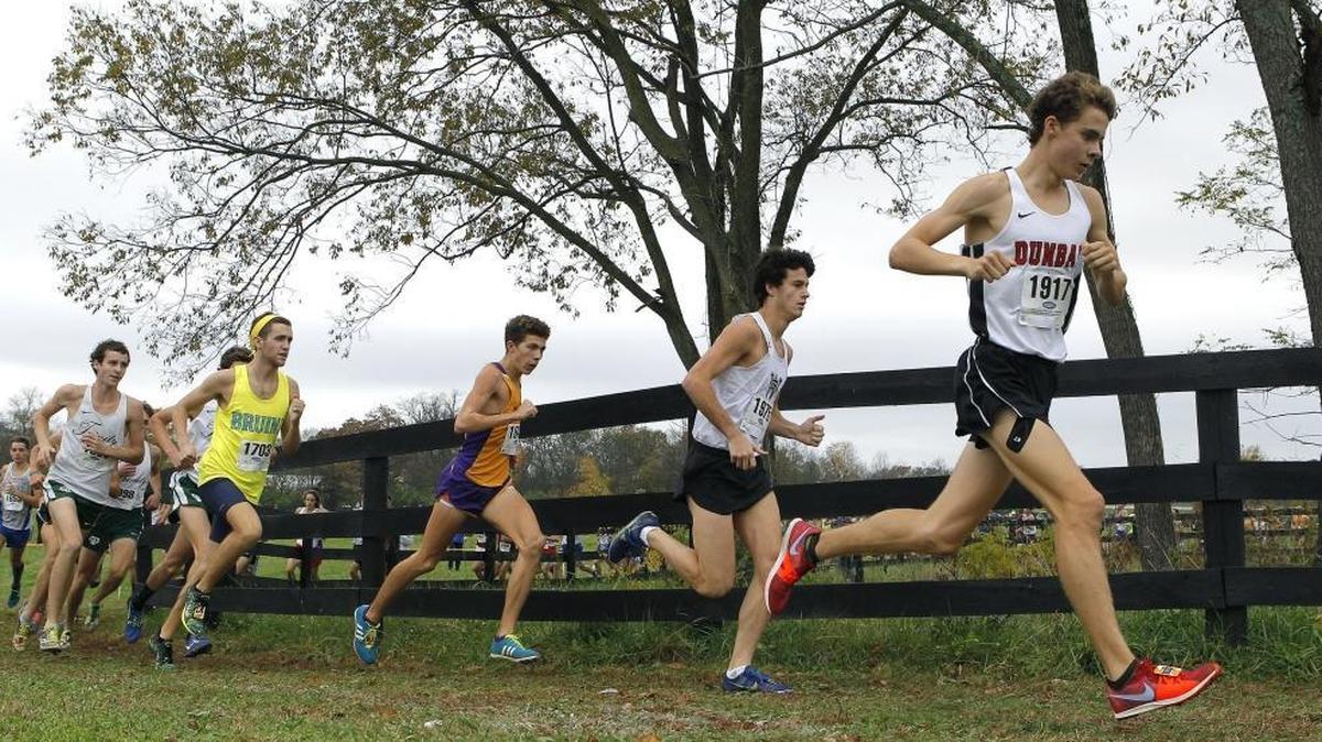 Paul Laurence Dunbar's Austin Mathews leads in the early stages of the KHSAA Class 3A Boys' State Cross Country Championship at Kentucky Horse Park in Lexington, Ky., Saturday, November 4, 2017.