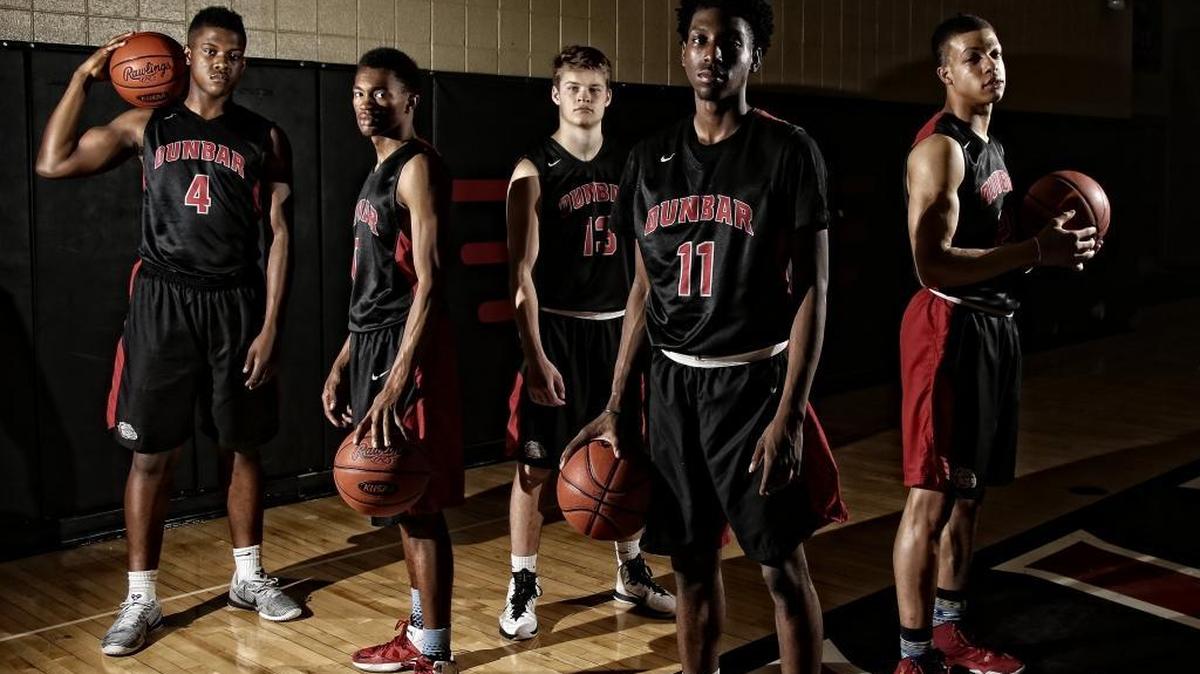The starting five for 11th Region champion Paul Laurence Dunbar: Dontell Brown, Jordan Lewis, Justin Kelley, Taveion Hollingsworth and Darius Williams.