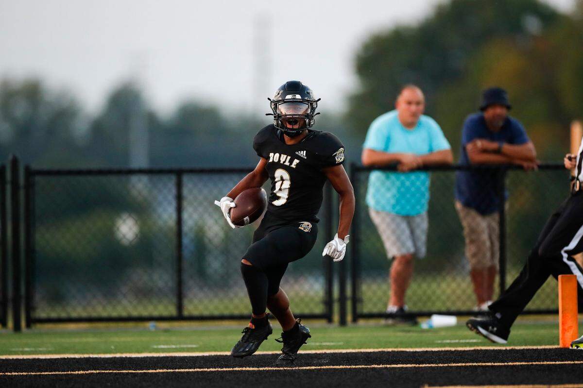 Boyle County’s Montavin Quisenberry (9) celebrated scoring a touchdown on the opening drive against the Bryan Station last week. Quisenberry scored a TD passing, rushing and receiving against Danville on Friday.