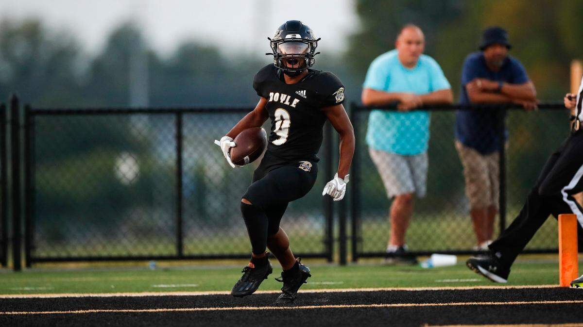 Boyle County’s Montavin Quisenberry celebrated scoring a touchdown on the opening drive against the Bryan Station last week. Quisenberry scored a TD passing, rushing and receiving against Danville on Friday.