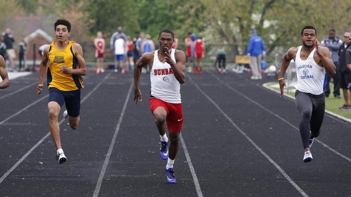 Paul Laurence Dunbar’s Will Allen won the boys’ 100-meter dash during the Tyson Gay Invitational at Lafayette in Lexington on Saturday, April 23, 2016.