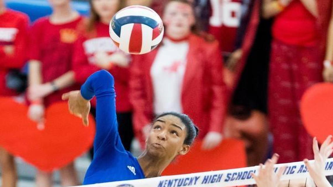 Henry Clay's Kaitlyn Hord spiked the ball during the first set. Sacred Heart Academy defeated Henry Clay 3-1 to win the KHSAA Volleyball Championship, Sunday, Nov. 06, 2016 at Valley High School's J.C. Cantrell Gymnasium in Louisville.
