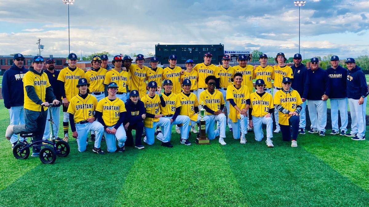 The Sayre Spartans pose with their All “A” Classic state baseball championship trophy after defeating Walton-Verona 7-2 in the finals on Sunday at Campbellsville High School.