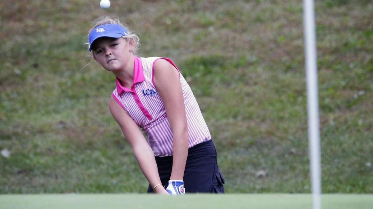 Laney Frye, of Lexington Christian Academy chipped on to the green during the girls 7th region golf tournament at Juniper Hills Golf Course on Monday September 26, 2016 in Frankfort, Ky.