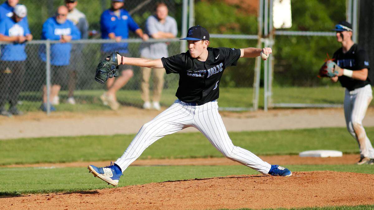 Lexington Catholic’s Brody Rogers pitched a complete game, five-hit shutout against Franklin County in the Knights’ 2-0 win in the 11th Region high school baseball tournament finals at Bryan Station High School in Lexington on Wednesday, May 29, 2024.