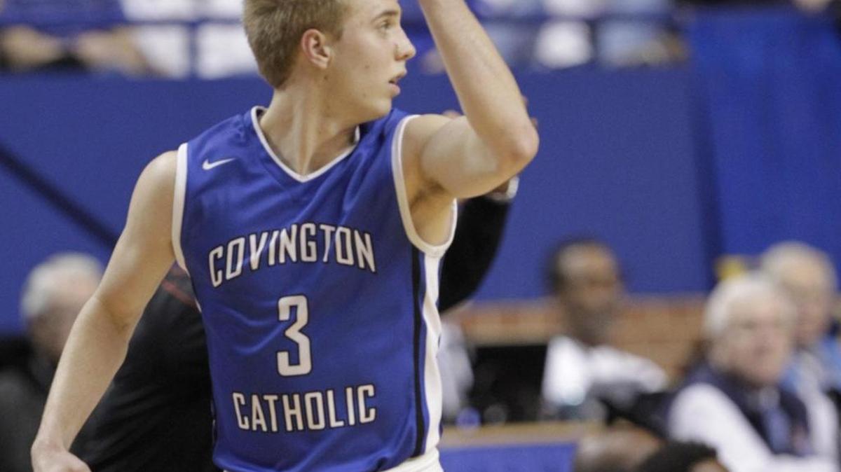 Covington Catholic’s Cole VonHandorf signaled after hitting a three-point shot in the first quarter against Owensboro in last season’s Sweet Sixteen tournament in Lexington.