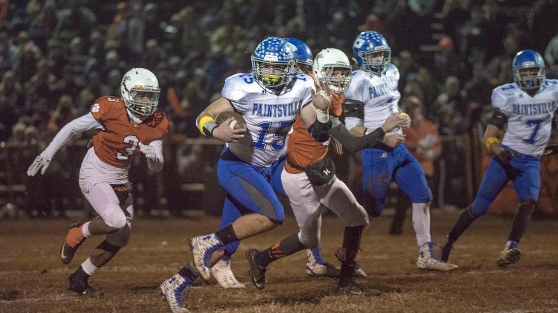 Paintsville’s Kash Daniel breaks into the Paris secondary for a touchdown Friday, November 20, 2015, during post-season play in Paris, Ky.