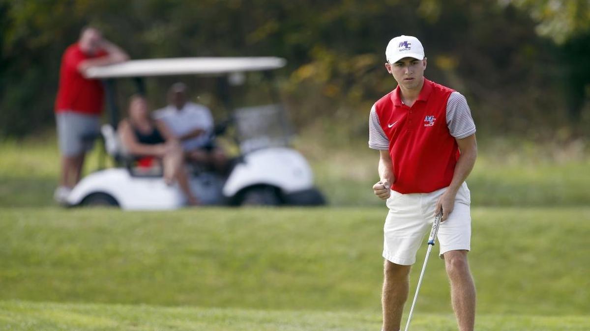 Madison Central’s Zach Miller reacted to his birdie putt on the fourth hole during the boys’ 9th Rgion golf tournament at Kearney Hill Golf Links in Lexington.