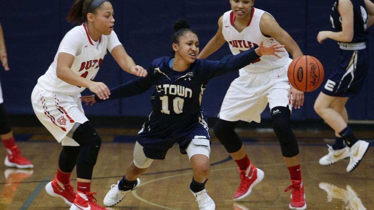 Etown's Jada Stinson, had the ball knocked out of bounds under pressure as Etown defeated Butler 60-37 in the Traditional Bank Holiday Classic on Wednesday December 22, 2015 in Lexington, Ky.