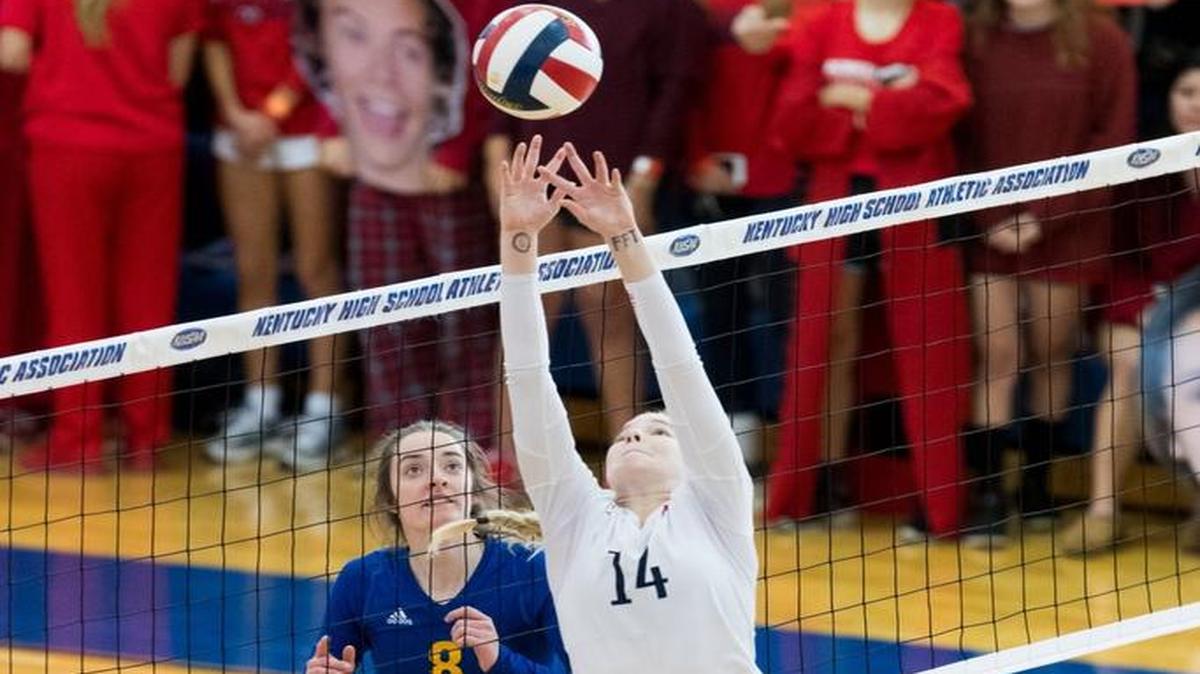 Sacred Heart's Abigail Westenhofer set the ball in the first set. Sacred Heart defeated Henry Clay 3-1 to win the KHSAA volleyball championship on Sunday at Valley High School in Louisville.