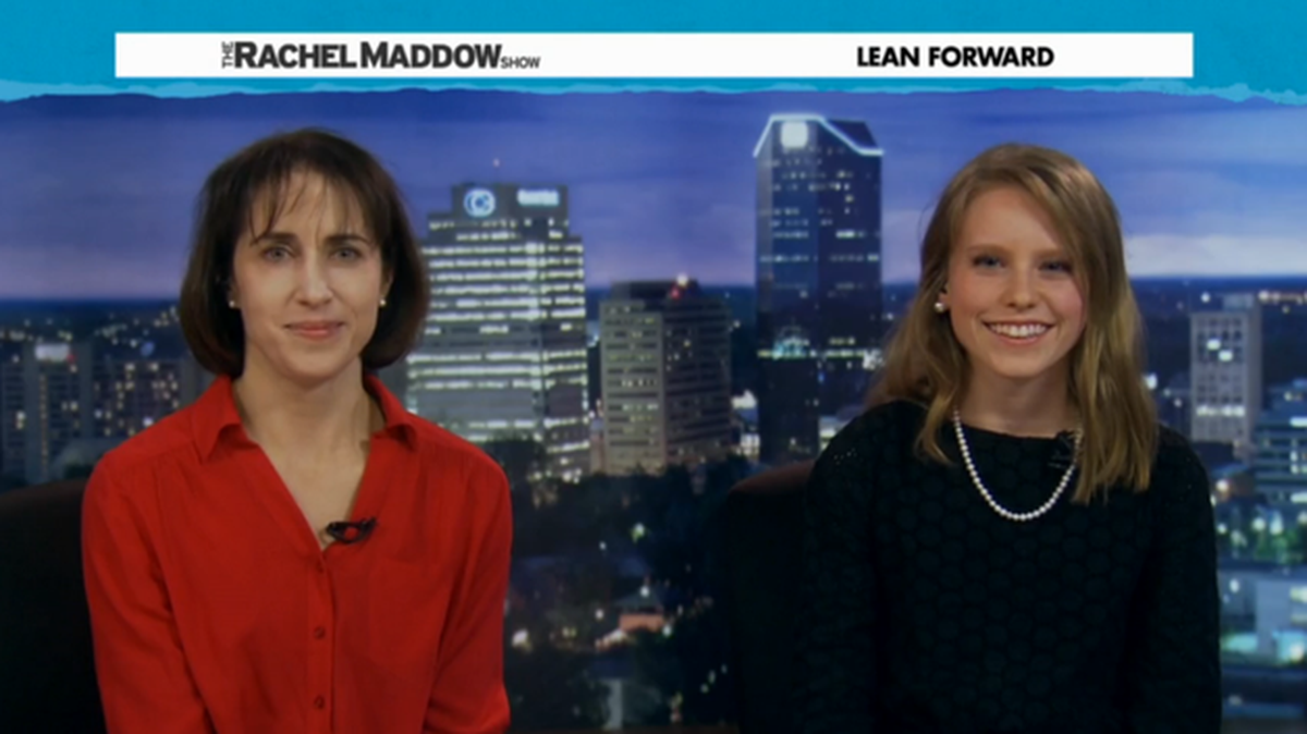 In this screen shot from MSNBC’s Rachel Maddow Show, Eliza Jane Schaeffer, right, joined Prichard Committee Student Voice Team senior director Rachel Burg Belin last year in promoting legislation to allow Kentucky school districts to add a student to superintendent screening committees. The legislation did not pass.