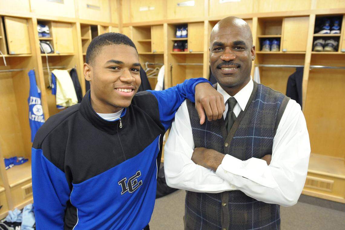 Vince Sanford, right, posed with his son, Vee Sanford, when the two were at Lexington Catholic High School as assistant coach and player in 2009.