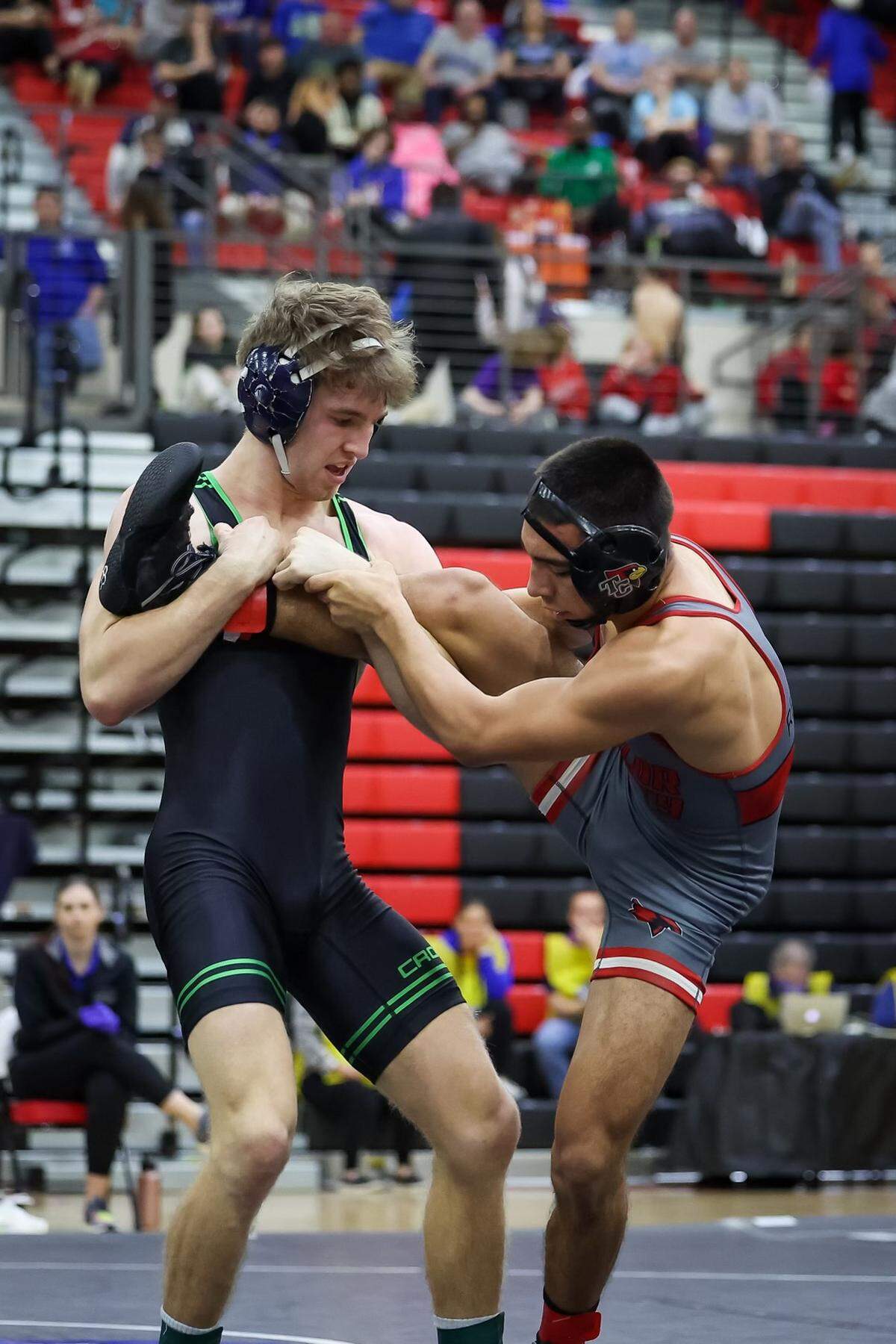 Great Crossing’s Augustus Roberts battled Taylor County’s Leland Reeves in the 132-pound finals of the 2023 KHSAA State Wrestling Championships at George Rogers Clark High School in Winchester on Saturday.