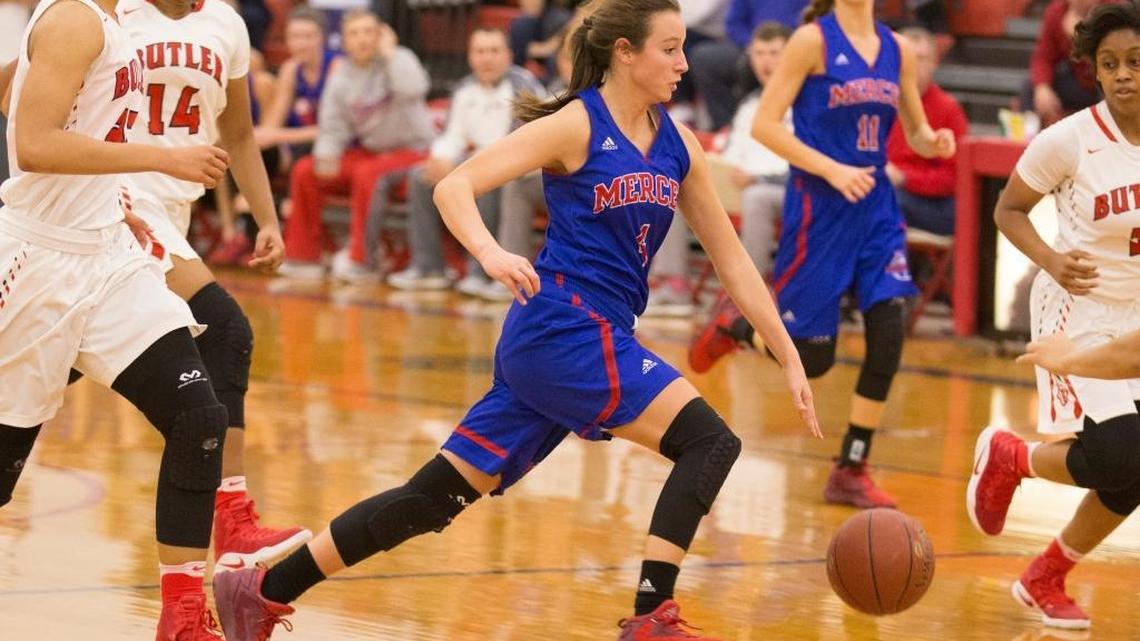 Mercer County’s Seygan Robins (4) drove against host Butler. A University of Louisville commitment, the junior guard finished with 13 points.