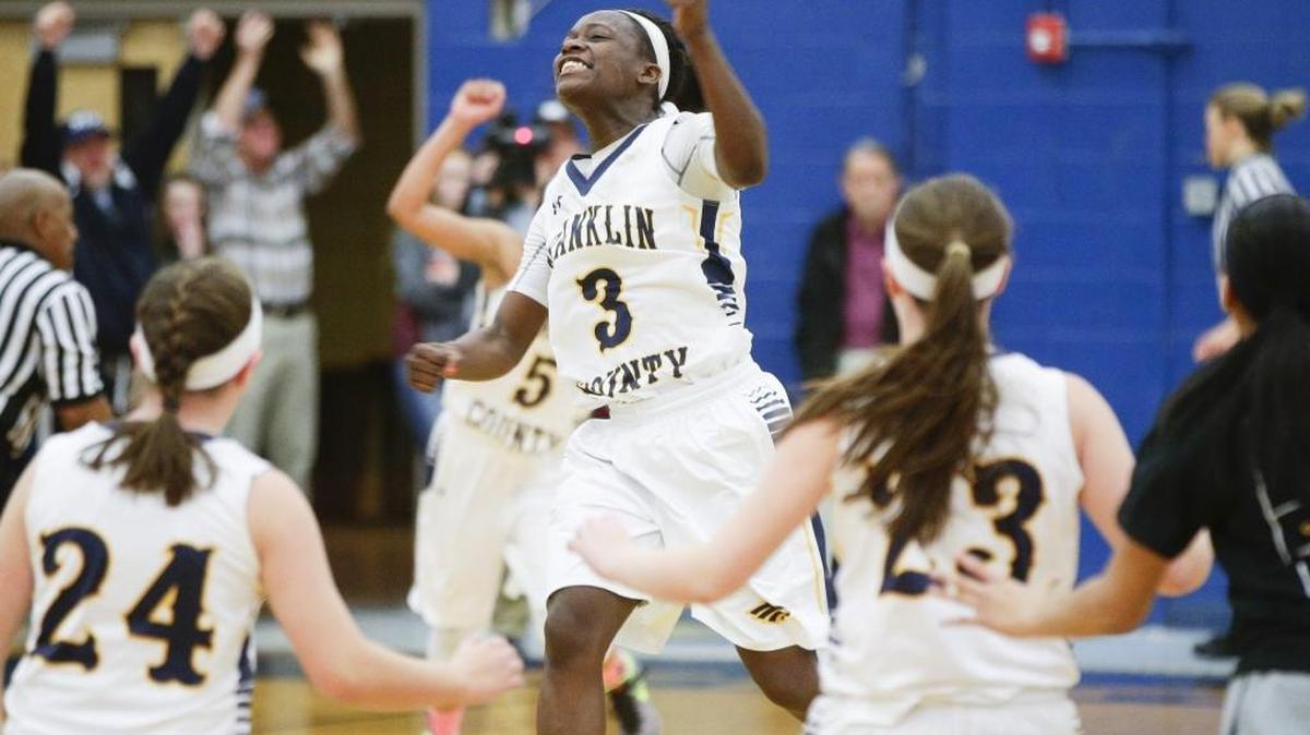 Franklin County’s Malaka Frank, who finished with 14 points and seven rebounds, celebrated after the Flyers’ defeat of top-ranked Elizabethtown, 56-52, on Feb. 12 in Frankfort.