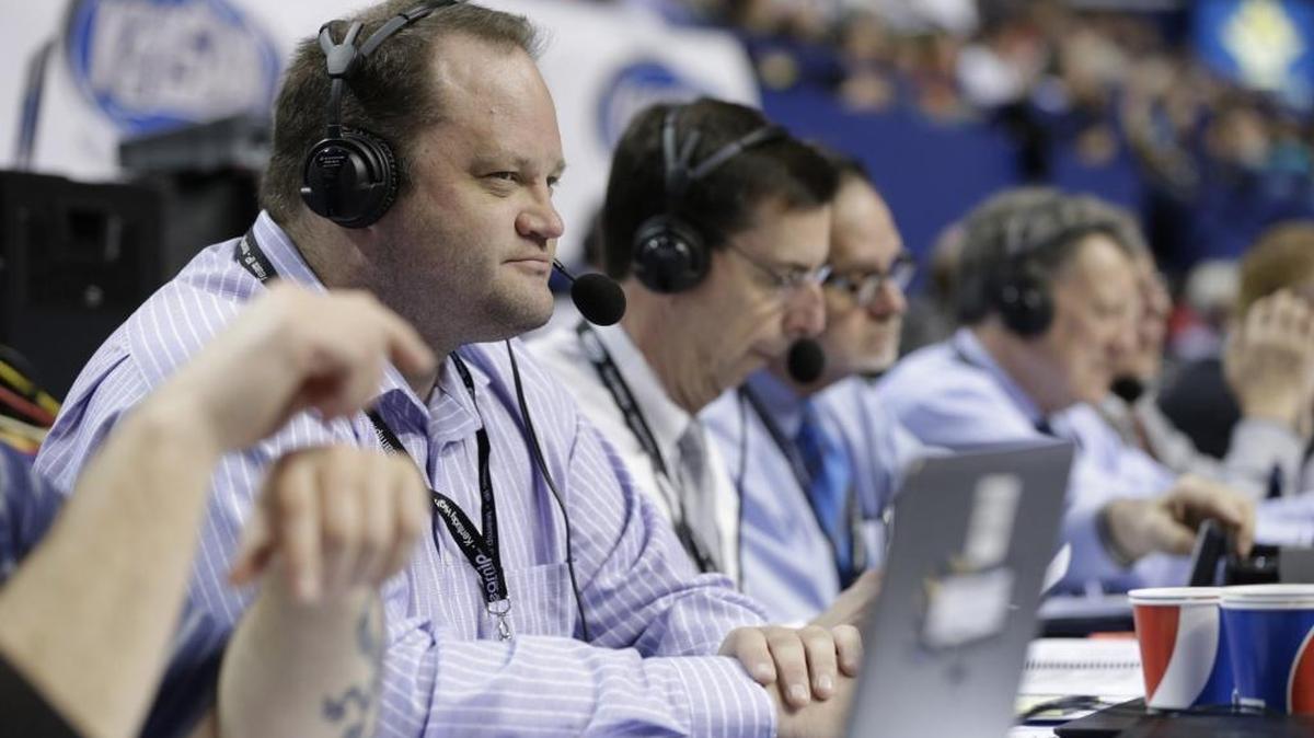 Former Kentucky basketball player Cameron Mills worked in the media row during Murray vs Newport Central Catholic 2016 Whitaker Bank/KHSAA Boys Sweet 16 basketball tournament quarterfinal game at Rupp Arena in Lexington, Ky., on March 18, 2016..