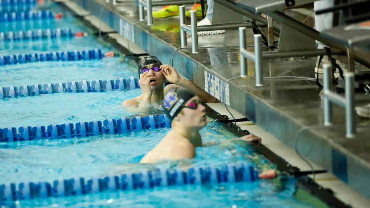 Paul Laurence Dunbar’s Sammy Nunez reacted to seeing his second-place time in the 200-yard freestyle in which he finished second by 0.01 seconds to Henry Clay’s Charlie Kidder. He later edged Kidder by 0.04 in the 500 free at the Region 8 Swimming and Diving Championships at Stivers Aquatic Center in Barbourville on Saturday.
