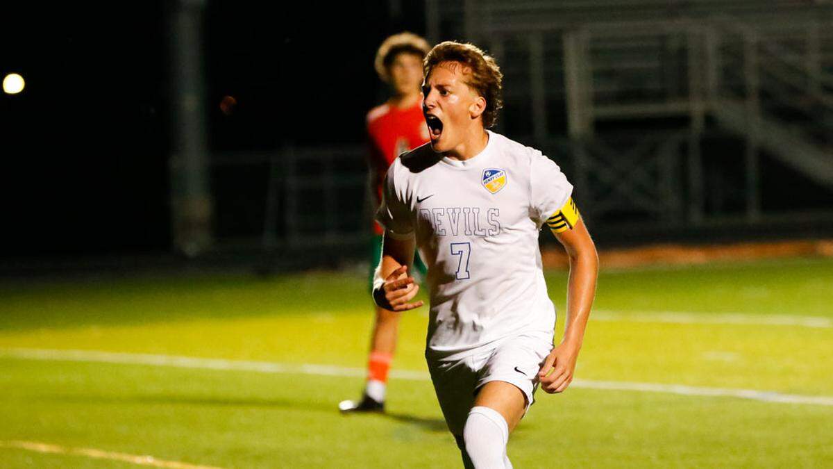 Henry Clay’s Marco Messerli celebrates a goal against Frederick Douglass in a 6-0 win at The Farm on Aug. 29. Messerli was named 2024’s Lexington player of the year by the city’s coaches.