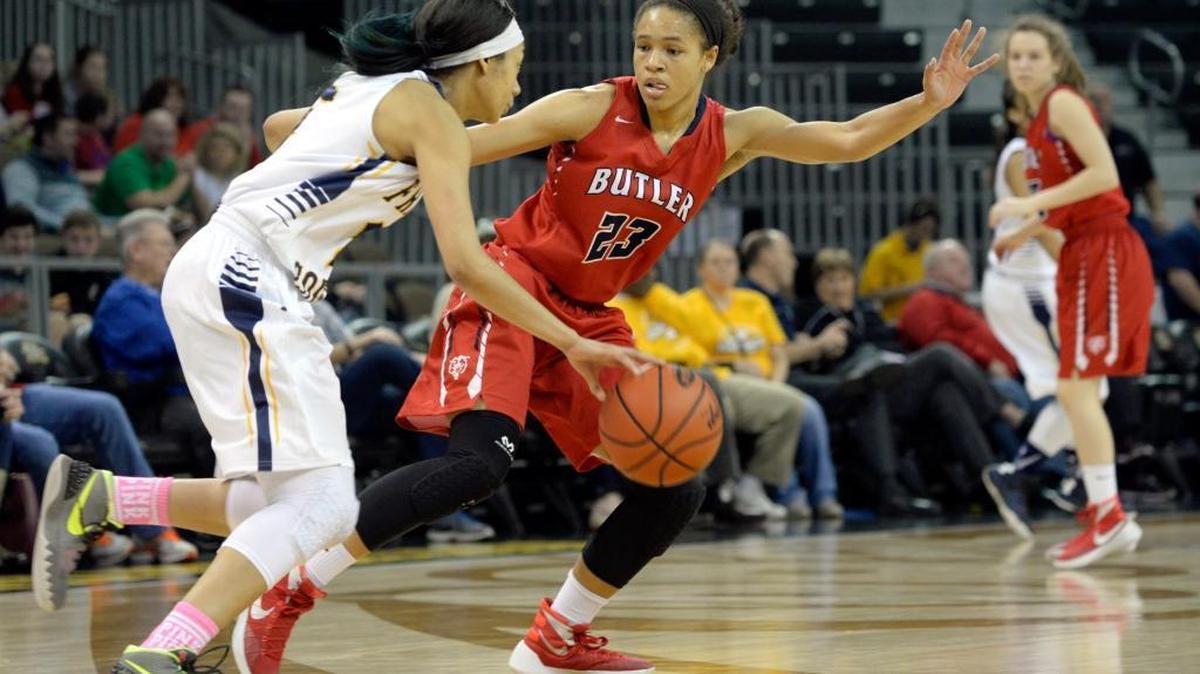 Franklin County’s Princess Stewart drives against Butler’s Jaelynn Penn, Sunday, March 13, 2016, during the KHSAA Girls' Sweet 16 basketball final in Highland Heights, Ky.