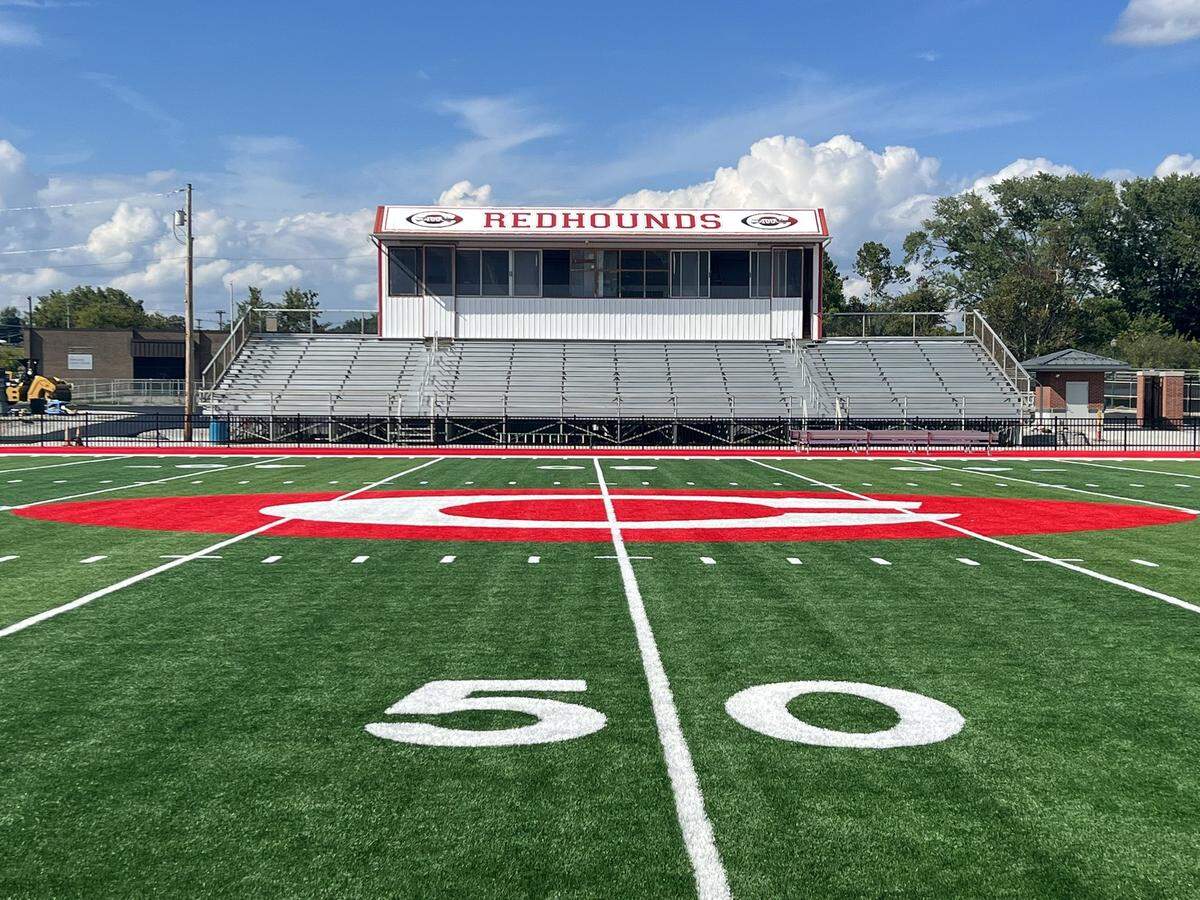 Corbin High School’s $9.3 million renovation of Campbell Field includes a new artificial turf surface that replaced its old Bermuda grass. Next year, the visitors press box, center, will also be redone in addition to new locker rooms.