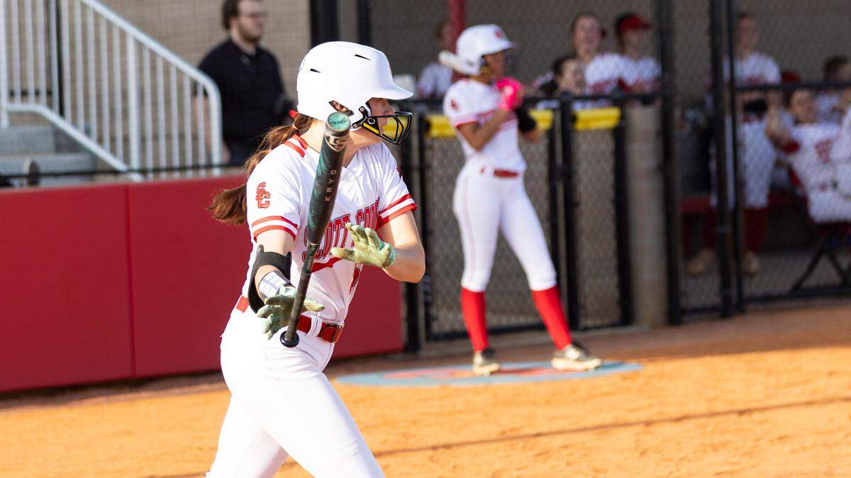 Scott County’s Ada Little watched one of her two hits clear the infield during the Cardinals’ 3-1 win over the Knights at Scott County High School in Georgetown on Tuesday.