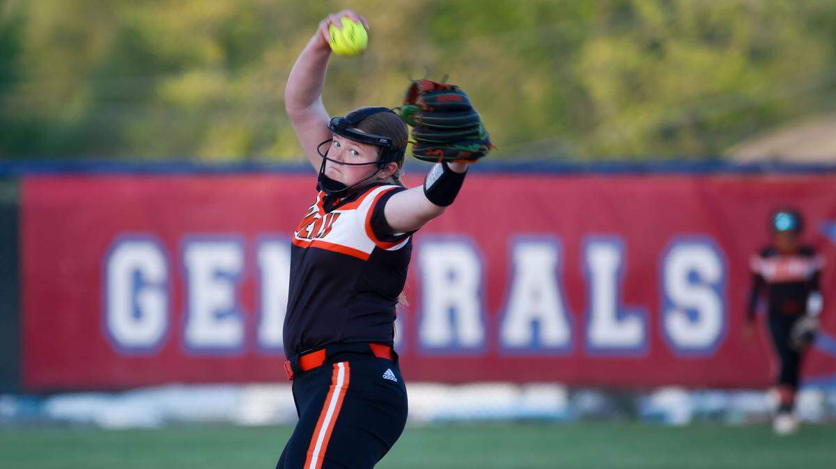 Frederick Douglass freshman Haley McGuire delivered a pitch against Lafayette in the Broncos’ 13-7 win at Lafayette High School on Monday, Jan. 22, 2024