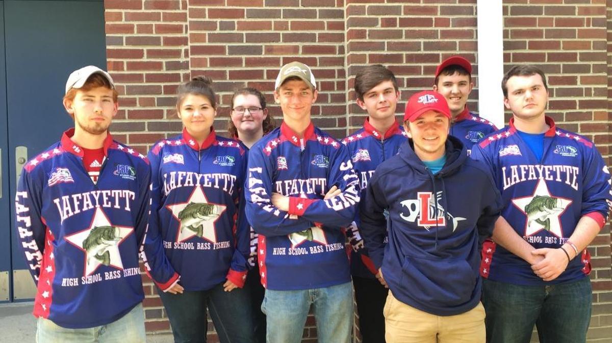 Eight members of Lafayette’s bass fishing team, from left: senior Sal Whitaker, junior Christy Mitchell, junior Alyssa Boggs, senior Aaron Long, sophomore Landon Orr, senior Fisher Mobley, sophomore Aaron Bussell and junior Christian Mobley. Other team members not pictured: junior Riley Cobb, junior Cameron Buchignani, senior Jordan Luciano and eighth grader Ethan Whitaker.
