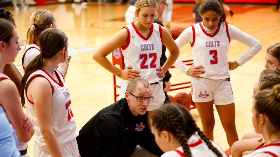 West Jessamine coach Matt Hilkens, center, talks with this team during a timeout in the Colts’ 58-37 win over the Titans at West Jessamine High School in Nicholasville on Friday.