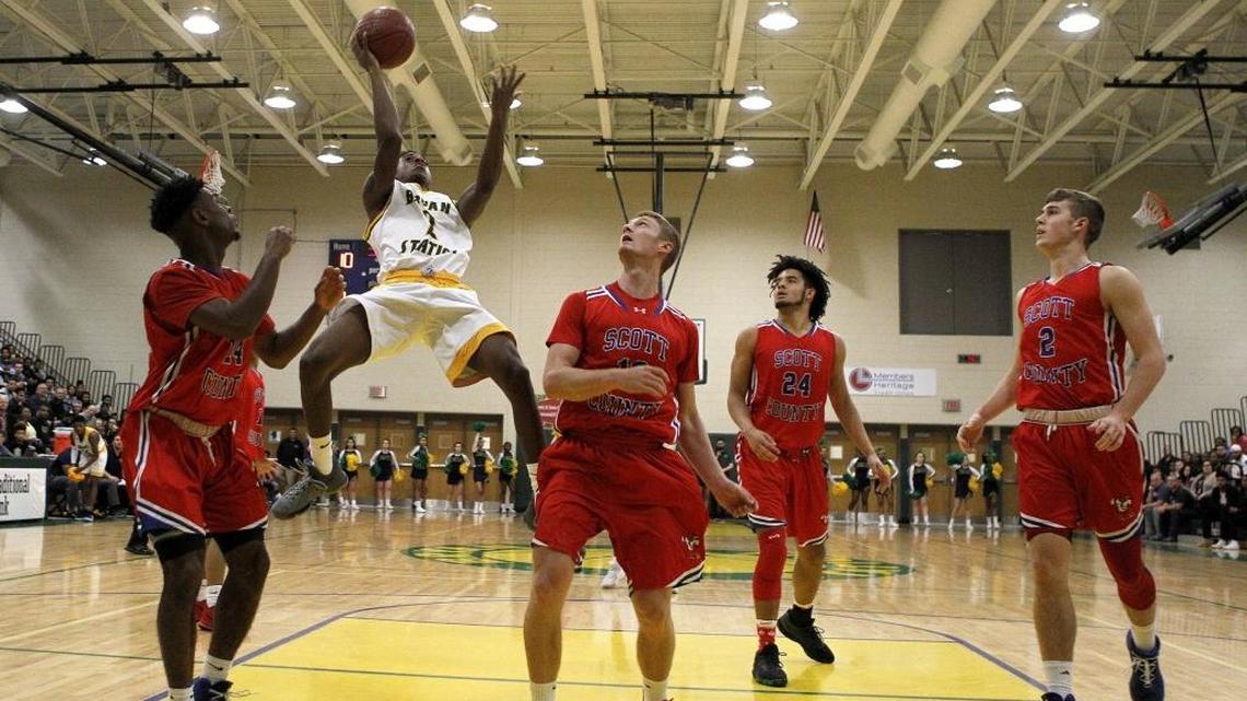 Bryan Station’s Kendrick Curry shot against Scott County at Bryan Station’s gym when the teams met on Jan. 22. No. 2 Scott County and No. 13 Bryan Station are among xx Top 25 teams in the 11th Region Tournament, which also includes No. 3 Madison Central and No. 5 Lexington Christian.