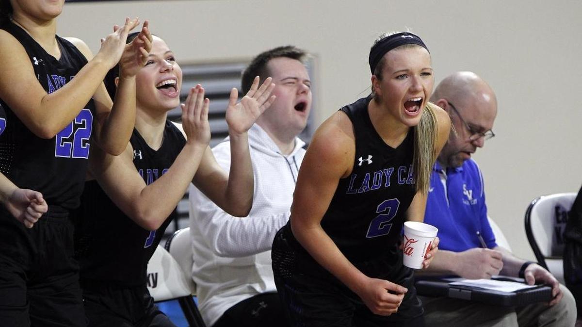 Shelby Valley's Cassidy Rowe cheers her teammates as the they score to end the third quarter against Lexington Christian in the All 'A' Classic at Alumni Coliseum in Richmond, Ky., Wednesday, January 24, 2018.