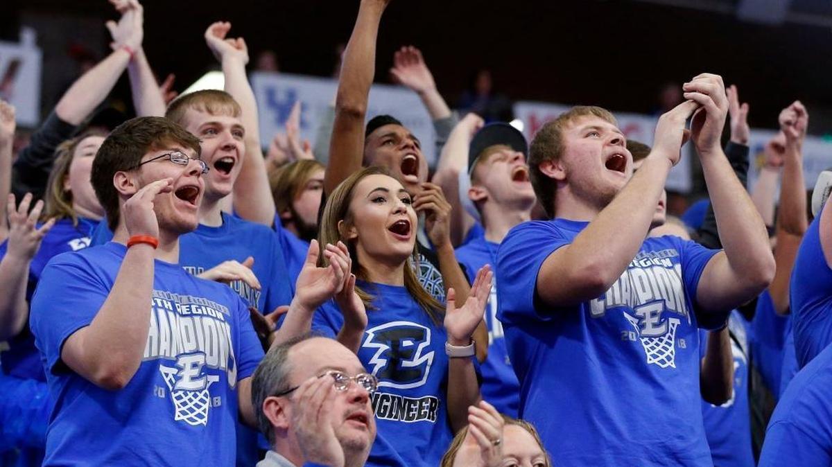 Estill County fans cheered as Corbin played Estill County in the opening game at the 101st Whitaker Bank/KHSAA Boys' Sweet Sixteen state basketball tournament being played Wednesday at Rupp Arena in Lexington. This is second quarter action.