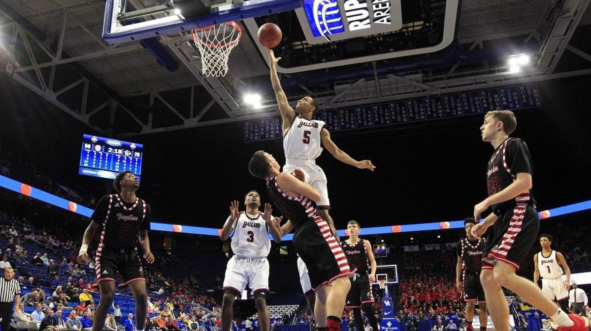 Ballard's Tyron Duncan (5) scored in the third quarter of the Ballard vs. Taylor Co. first round game of the Boy's Sweet Sixteen basketball tournament at Rupp Arena in Lexington, Ky, on March 16, 2017.