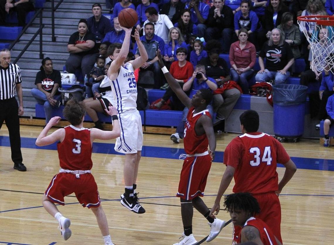 Lexington Christian's Austin Hall shot against Lafayette during the boys' 43rd district championship at Lexington Christian.