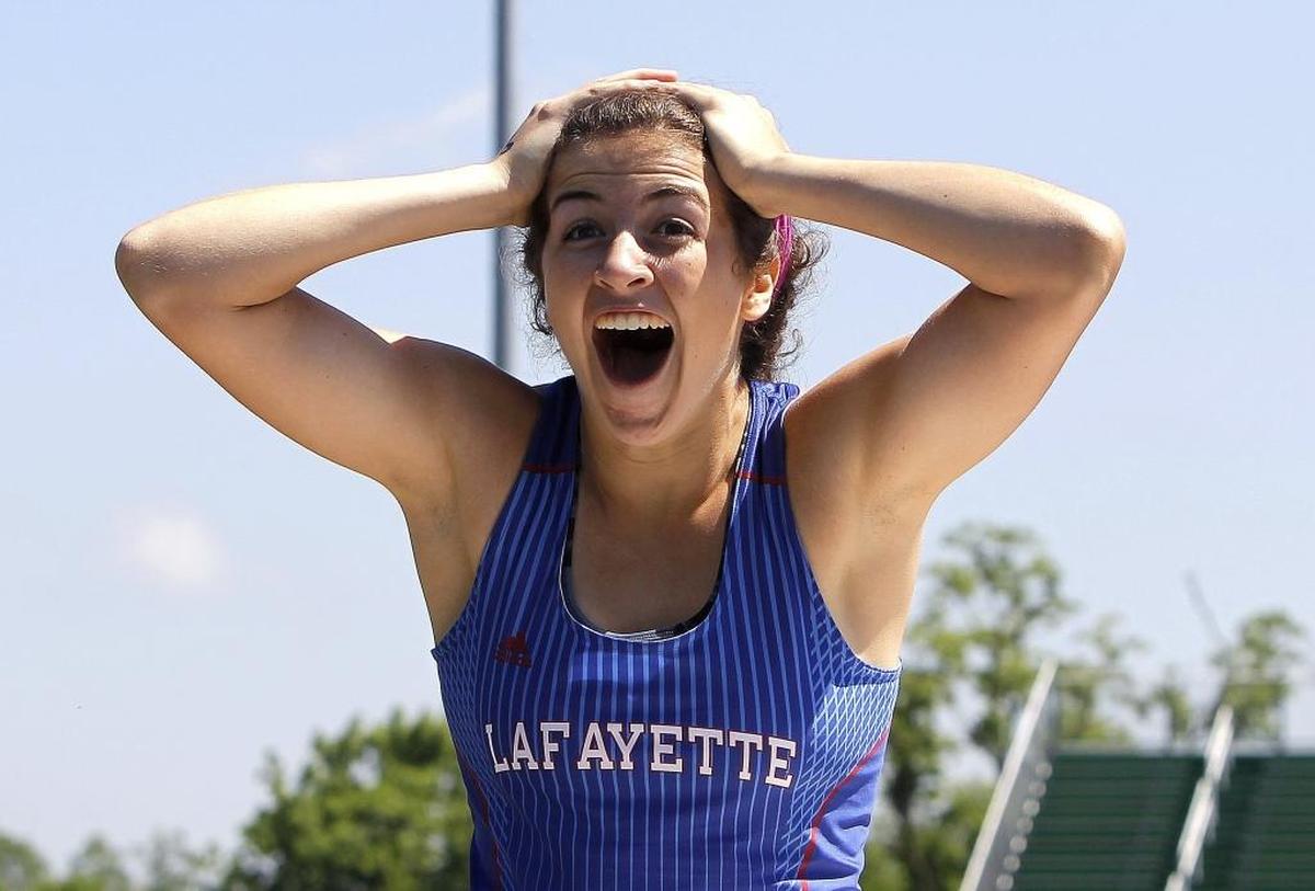 Lafayette's Kristina Leggas reacts after setting a new personal best in winning the pole vault at the region 6 track tournament for Class 3A at R. L. Grider Stadium at Bryan Station high school in Lexington, Ky., Saturday, May 13, 2017.