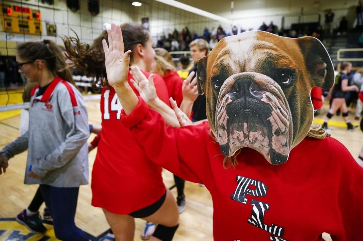 Paul Laurence Dunbar celebrates after defeating Bryan Station 3-1 during the 11th Region semifinals Woodford County High School in Versailles, Ky., Wednesday, Oct. 25, 2017.