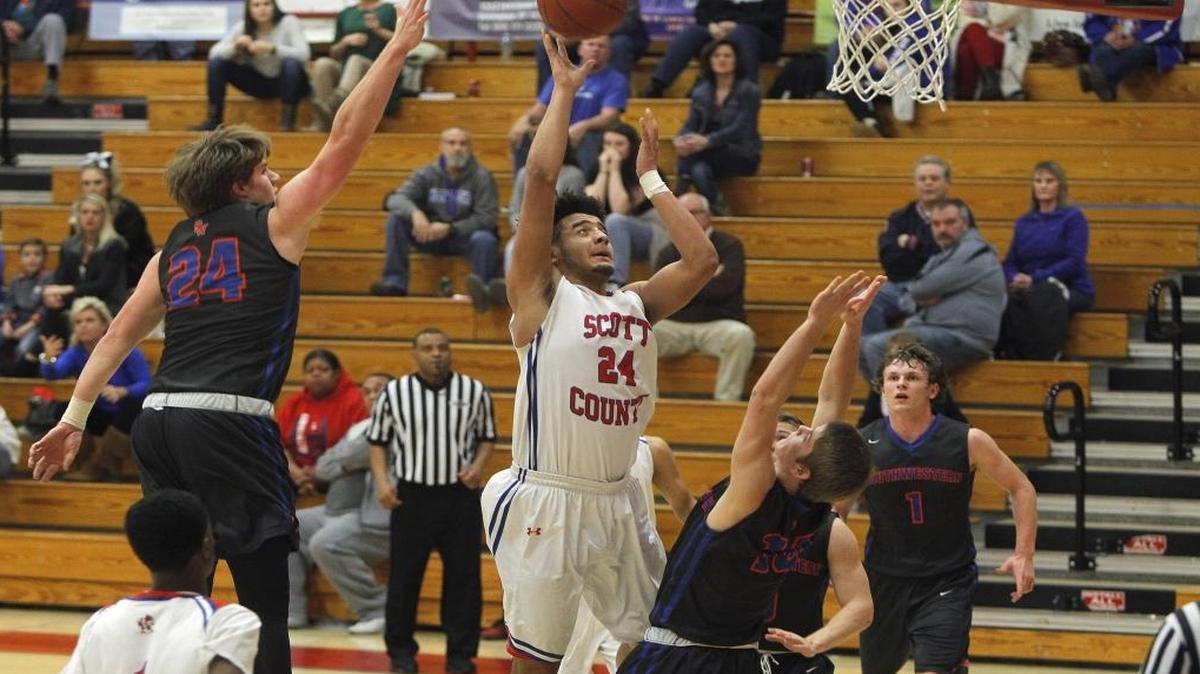Scott County's Michael Moreno shot against Southwestern during the Jock Sutherland Classic at Lafayette High School in Lexington on Feb. 4.