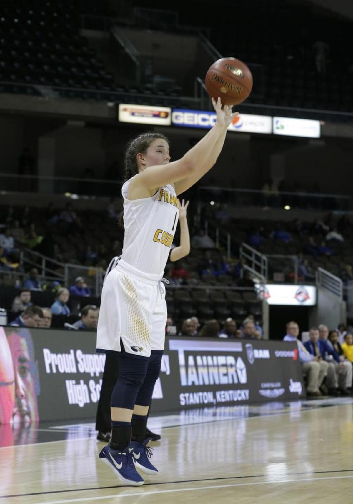 Franklin Co.'s Kindall Talley (1) attempted a three pointer in the quarter of the Franklin Co. vs Holmes girl's Sweet 16 semifinal basketball game at BB&T Arena in Highland Heights, Ky, on March 11, 2017.