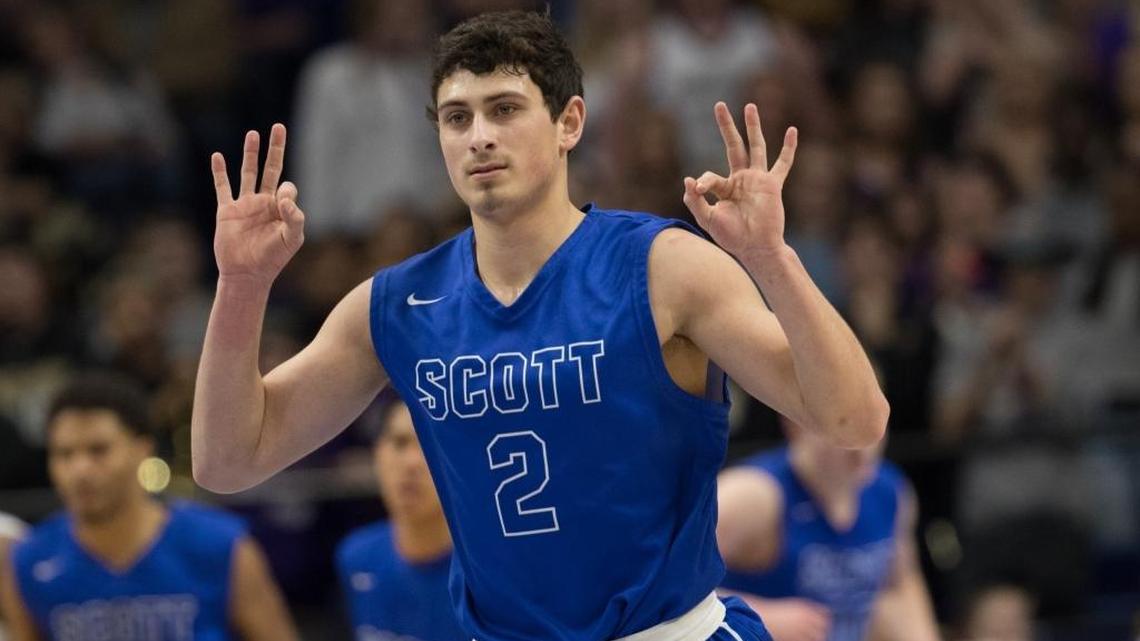 Scott 's Jake Ohmer (2) sank a three during the first half as Scott played Bowling Green in the semifinals of the Whitaker Bank/KHSAA Boys' Sweet 16 at Rupp Arena on Saturday March 18, 2017 in Lexington, Ky.