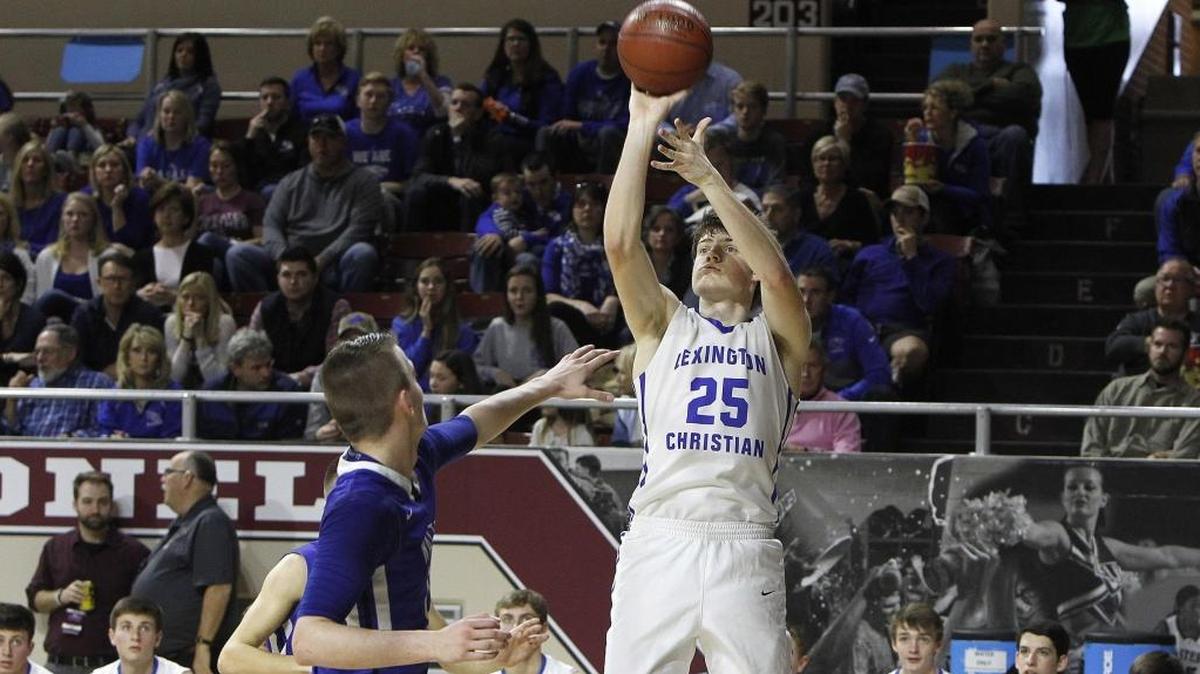 Lexington Christian's Austin Hall shoots a 3-pointer against Walton Verona in the boys' All 'A' Classic championship in McBrayer Arena in Richmond, Ky., Sunday, January 28, 2018.