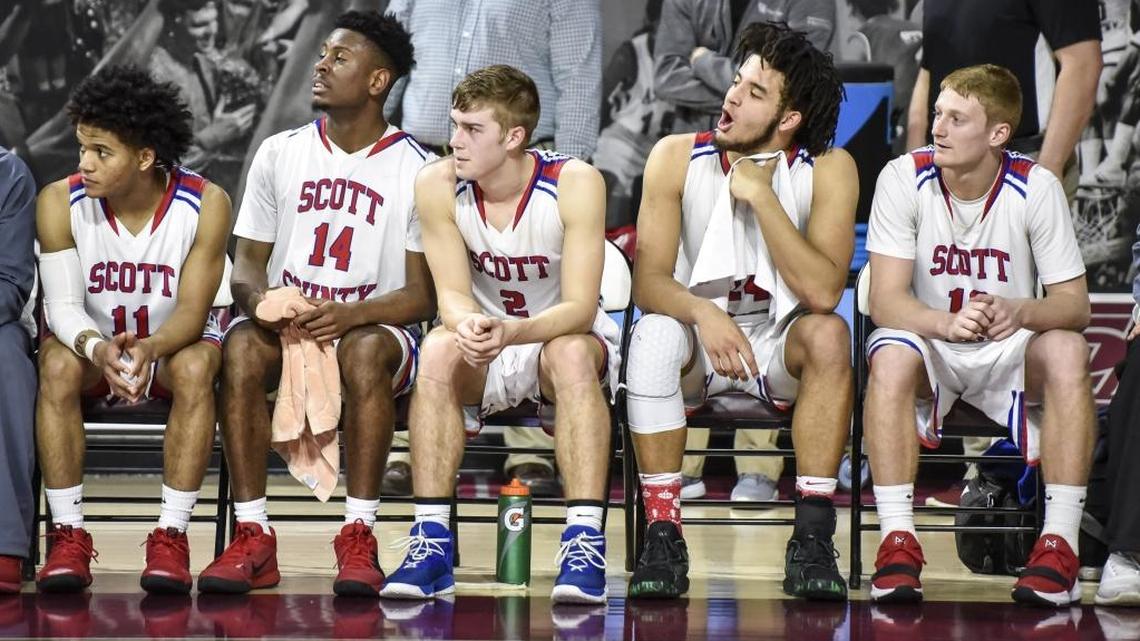 The Scott County starters didn't play any in the second half against Madison Southern, after taking an 80-22 lead into halftime, during the first round of the 11th Region tournament, Thursday night, March 1, 2018, at EKU's McBrayer Arena in Richmond.
