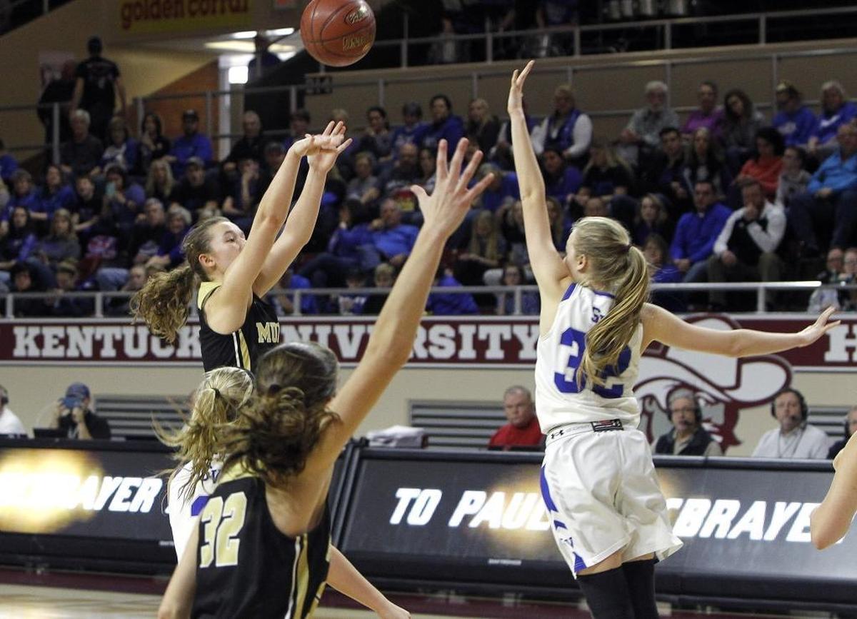 Murray's Macey Turley shoots against Shelby Valley's Kayla Newsom during the girls' All 'A' Classic championship at Alumni Coliseum in Richmond, Ky., Sunday, January 28, 2018.