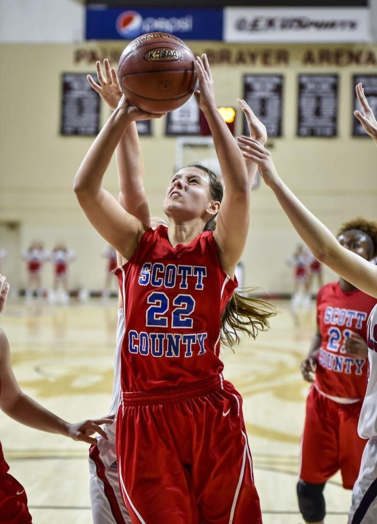 Scott County's Peyton Riddle (22) shoots in the lane against Lafayette, during the girls 11th Region Tournament semifinals, Friday night, March 3, 2017, at EKU's McBrayer Arena in Richmond.